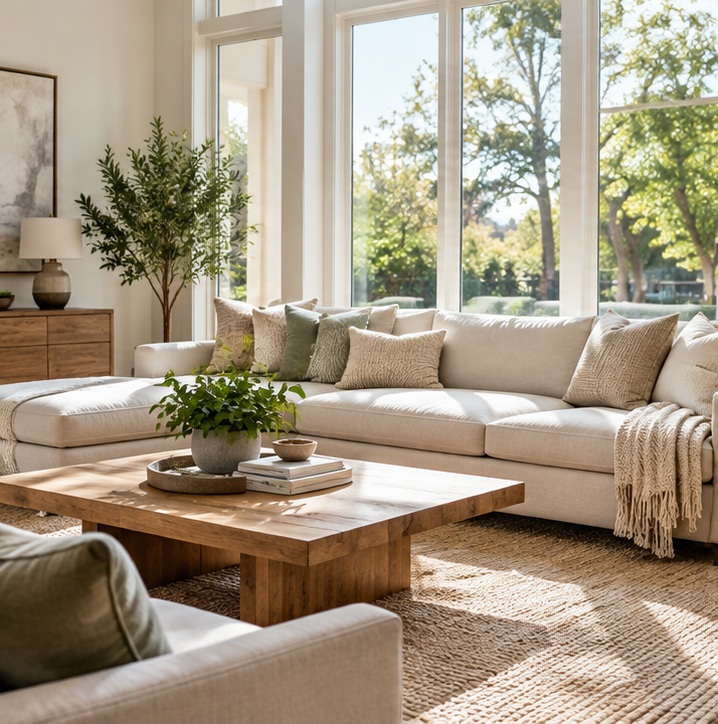 Bright, tidy living room used in our fictional cleaning website concept
